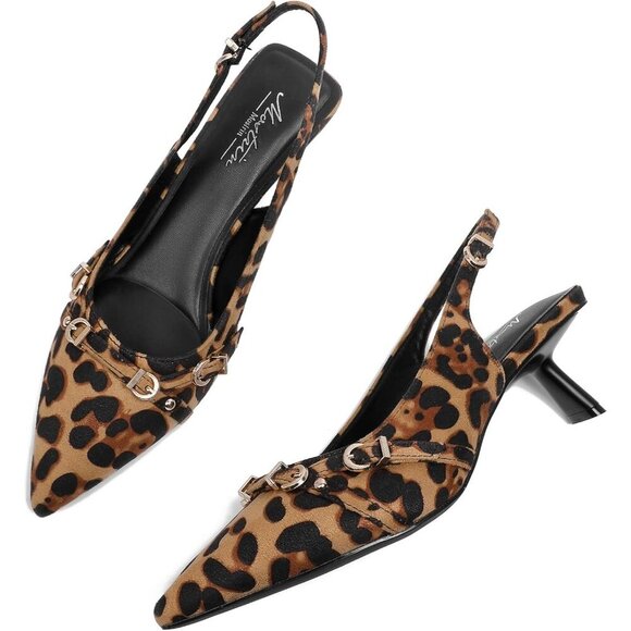 Women's Leopard 2 Pointed Toe Pumps Patent Leather Slingback Heels With Buckle - Picture 6 of 9